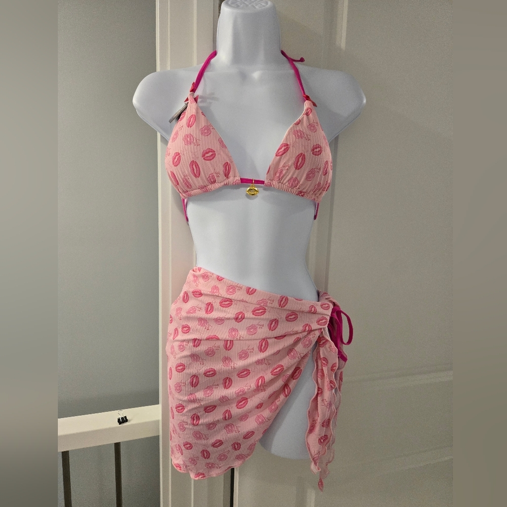 Pink Kiss-Print Triangle Bikini Set with Wrap Skirt